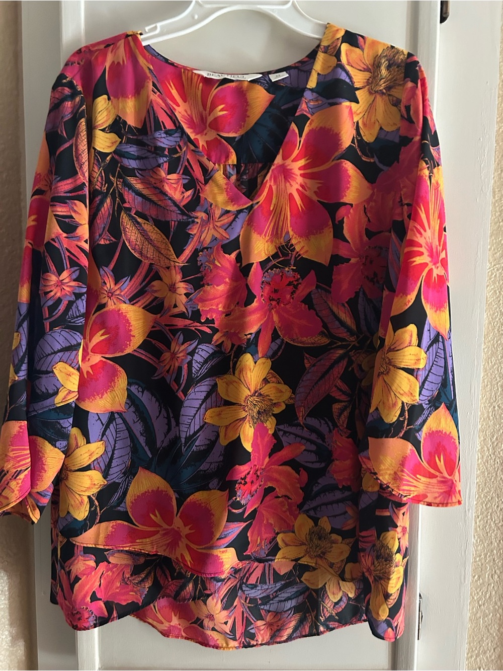 Vibrant Floral Scoop-Neck Blouse - Pink & Yellow by Beautiful